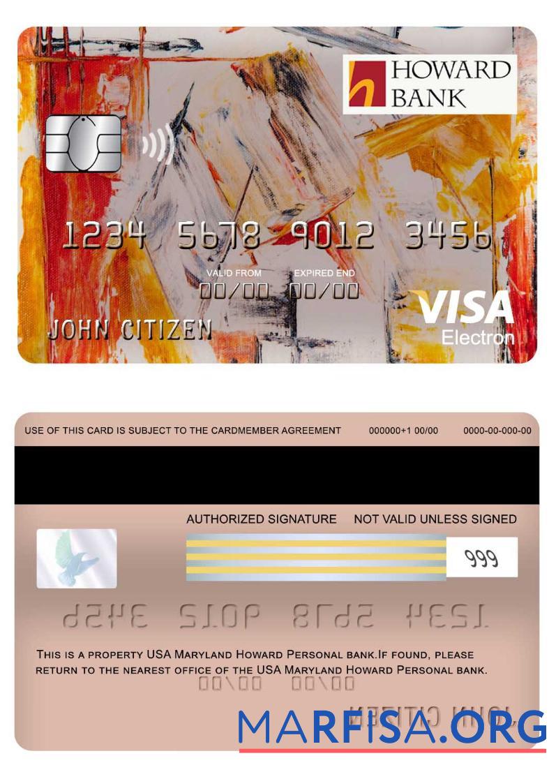 Blank USA Maryland Howard Personal bank visa electron card example